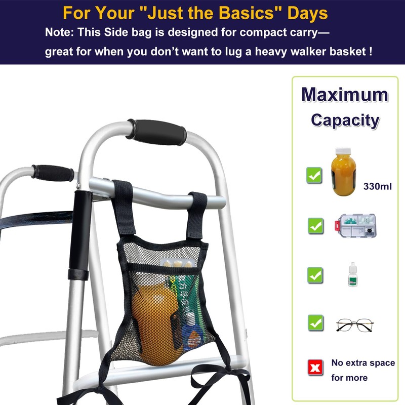 Aliseniors Walker Side Bag, Lightweight Folding Walkers Accessories Pouch, Side