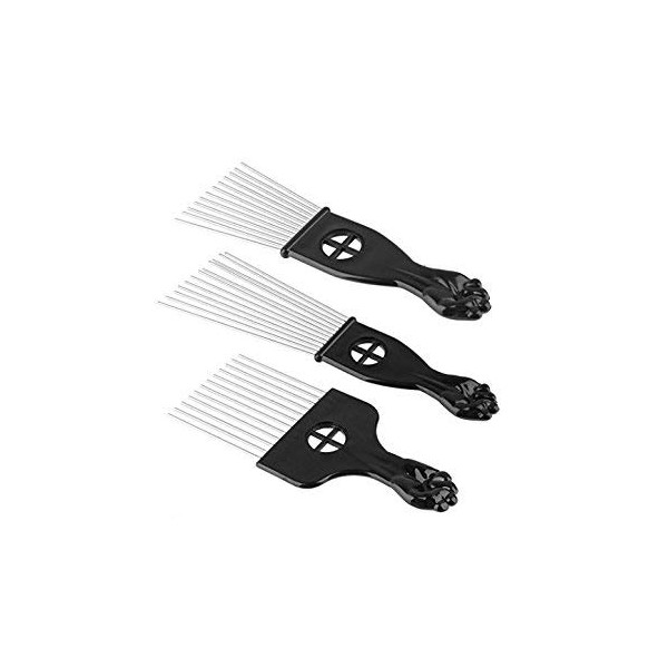 3Pc Metal Hair Styling Pik Afro Pick Comb For Volume & Tangles Black Fan Fist Hand Model