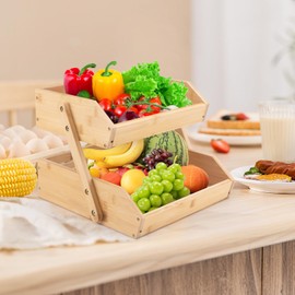 LEIMO KPARTS 2 Tier Bamboo Fruit Basket Stand For Kitchen Counter,Fruit Bowl Holder For Kitchen Countertop,Fruit Vegetable Storage Basket (2 Tier Bamboo)