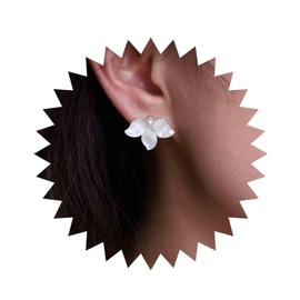 Sttiafay Vintage Pearl Flower Earrings White Acrylic Flower Earrings Resin Petal Stud Earrings Tiny Pearl Floral Earrings Jewelry for Women