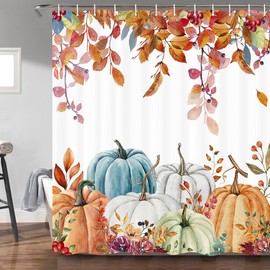 Torich - Cortina de ducha de calabaza de otoño, hojas de arce de otoño, cortinas de baño de acuarela, tela azul naranja, accesorios de decoración de baño, 69 x 72 pulgadas