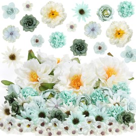 Thiccywoov 250 Pcs Artificial Flowers Heads Mini Silk Mix Flowers Fake Peony Daisy Rose Multicolor Small Flower Heads for Wedding Home Decorations Party Craft Garland DIY(Green)
