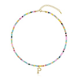 Yifnny Colourful Pearl Necklace with Letters, Cute Necklace Gold Initial Pendant Necklace Bohemian Initial Necklace Colourful Pearl Necklace Beach Jewellery for Women, Stainless Steel, No Gemstone