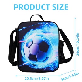 Rppiup Football Lunch Box, Insulated Lunch Bag for Kids Boys Girls with Water Bottle Holder, Washable Reusable Tote or Crossbody 3D Football Lunchbox, for School Hiking Picnic Travel Camping(Blue)