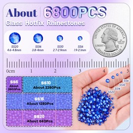 6800Pcs Hotfix Rhinestones for Clothing, Sapphire 2-5mm Mixed Sizes Iron On Flatback Glass Gems, Bedazzling Crystals Rhinestones for Crafting Hats Shoes Fabric Decor Nail Art