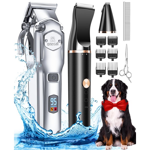 oneisall Dog Grooming Kit for Heavy Thick Hair&Coats/Low Noise Rechargeable Cordless Pet Shaver with Stainless Steel Blade and Dog Paw Trimmer/Waterproof Dog Shaver for Dogs Pets Animals