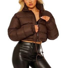 FindThy Women’s Winter Cropped Puffer Jacket Classic Long Sleeve Stand Collar Padded Down Coats(1062-Brown-M-aLB)