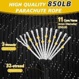Thadavo Reflective Paracord Rope 850Ib, 50/100/200/500/1000ft 4MM 11 Strand para Cords Lanyard Utility Parachute Cord for Tent Camping Hiking Fishing Survival Clothesline DIY Projects, Black 50FT