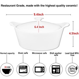 jinsongdafa 7" x 6" Ceramic Oval Casserole Dish with Lids, 30 Oz White French Serving Soup Tureens, Baking Dish with Handle 9.4 IN, for Casseroles, Cookware Set, Microwave, Oven Safe