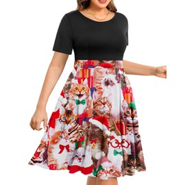 Women Plus Size Christmas Dress — Ugly Xmas Print Holiday Funny Cat Meowy 2024 Round Neck Short Sleeve Midi Dresses