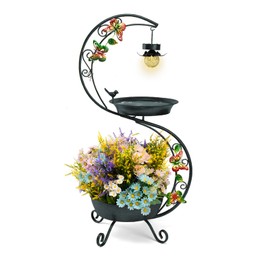 SPEED MATE Bird Bath for Outside with Solar Lamp, 36" Birdbaths for Outdoors with Planter Flower Pot, Metal Bird Bath Bowl for Garden Yard Decor (All Black)