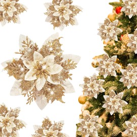 Christmas Poinsettia Flowers Glitter Artificial Flowers Gold 16PCS Xmas Poinsettia Flowers Decoration Large Christmas Tree Ornaments Xmas Garland Wreaths DIY Decor