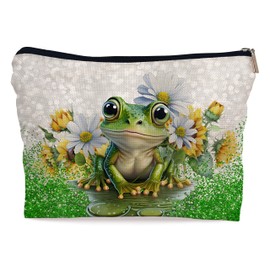 Ayxvt Frog Gifts Makeup Bag - Spring Frog Cosmetic Bags For Women, Daisy Sunflower Floral Makeup Bag, Frogs Gifts For Women, Gifts For Frog Lovers Women, Animal Lover Gift