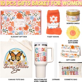 Sister Gifts from Sister, Birthday Christmas Gifts for Sister, Little Sister Big Sister Gift for Sister in Law Thinking of You Gift from Sister Brother, Cool Care Package with 40 OZ Tumbler Makeup Bag