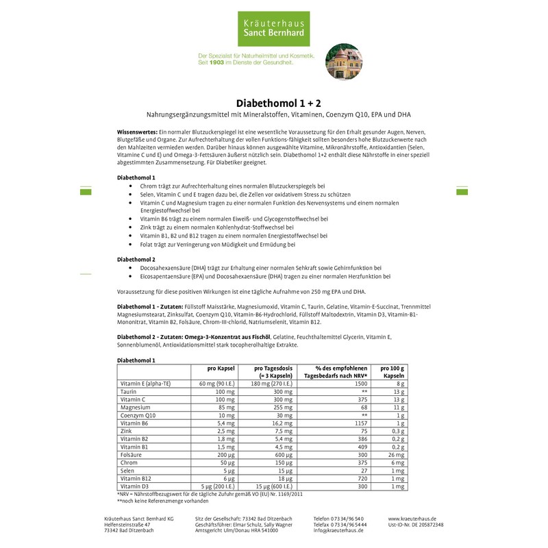 Sanct Bernhard Diabethomol with Vitamin C, E, Minerals, Zinc, Chromium,