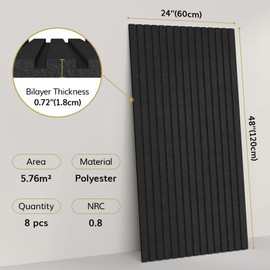 TONOR 8-Pack Bilayer Acoustic Panels Large Self-adhesive, 48” * 24” * 0.72” Adhesive Wall Panel, Large Soundproof Tiles for Echo Absorbtion, Acoustical Barrier of Polyester Fiber, Black