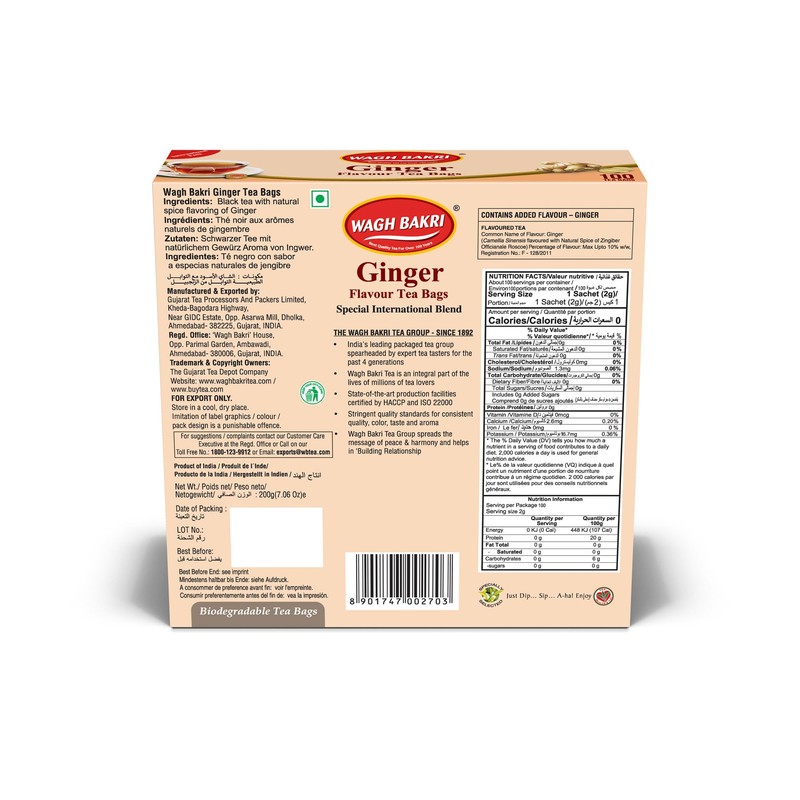 Wagh Bakri Ginger Flavour Tea Bags, 100 Tea Bags of
