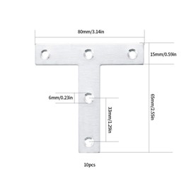 Xiaheipi T Shaped Brackets, T Shaped Repair Plate, Corner Brackets, Stainless Steel Angle Brackets Braces, Straight Flat Fixing Mending Plates for Repair Fixing Joining Furniture(10 Pcs, 80x80x1.5mm)