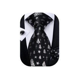 DiBanGu Christmas Black White Tie for Men Festival Necktie and Pocket Square Cufflinks Set