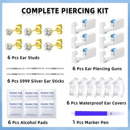 TKKUY 31 Pcs Ear Piercing Kit Ear Disposable Piercing Gun Kit 6 Pcs Self Piercing Gun with 3mm 4mm 5mm Cubic Zirconia Earrings Ear Stud with S999 Silver Ear Sticks Ear Covers Piercer Kit Tool Gold