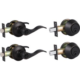 2 Pack Entry Lever Door Handle Lock and Single Cylinder Deadbolt Set, Keyed Alike Wave Style Door Lever with Deadbolt for Office or Front Door, Reversible for Right and Left Handed, Oil Rubbed Bronze