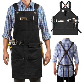 Elfzone Gardening Arpons with Pockets - Canvas Chef Apron with Cross Back Adjustable，For Kitchen, Garden, Cafe, M-L (Black)
