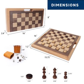 GSE Games & Sports Expert 16" Deluxe 3-in-1 Wooden Folding Chess, Checker & Backgammon Board Game Combo Set, Portable Travel Game Set for Kids & Adults