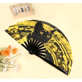 Rave Fan: Cooling Handcrafted Bamboo and Oxfold Cloth Folding Fan - Ideal for Festivals, Events, and Dance Lovers - Durable, Portable, Stylish - Distinct Clacking Sound, Black Cat Design