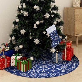 vidaXL Luxury Christmas Tree Skirt with Sock Christmas Tree Skirt Floor Mat Christmas Tree Blanket Blue 150 cm Fabric