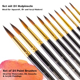 Tritart pointed brush set, high quality, 24 watercolour brushes, acrylic, oil, free brush sponge