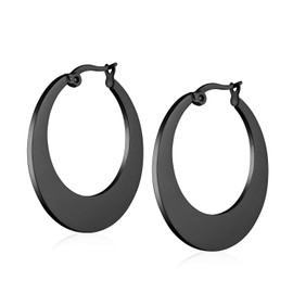 Black Flat Oval Shaped Hoop Earrings For Women Black Ip Plated Stainless Steel 1.25 Diameter