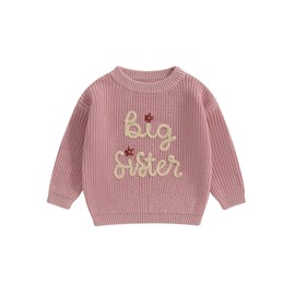 Kid Girl Letter Flower Embroidery Knit Sweater Casual Fall Winter Pullover Tops Long Sleeve Round Neck Jumper (A-Rose Pink, 18-24 Months)
