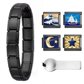 Double Fair Black Italian Style Charm Bracelet - 18-link, 7.2-inch Stainless Steel Bracelet, 9mm Wide, With 4 interChangeable Charms (Moon/Wave/Sailboat) and Opening/Closing tool, Suitable for Women