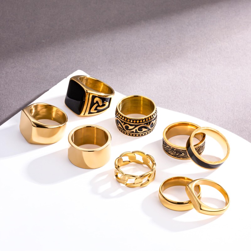 FEYIR 9 Pcs Men's Stainless Steel Vintage Signet Ring Square