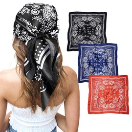 Generisch Headscarf for Women, Pack of 3 Large Square Satin Headscarves, Silk Feel Hair Bandana, Scarf, Boho Head Wrap Headwear, Multi-coloured.