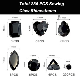 236 Pieces Sew On Rhinestones, 7 Shapes of Rhinestones for Sewing with Claws, Metal Prong Setting Glass Sewing Gemstones for DIY Craft Clothes, Clothes, Shoes, Bags (Black)