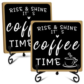 2 Pcs Coffee Bar Sign Decorations,Black and White Coffee Sign Decor with Iron Stand Wooden Coffee Bar Decor Tabletop Shelf Accessories,Coffee Decorations for Coffee Bar Coffee Station Home Farmhouse