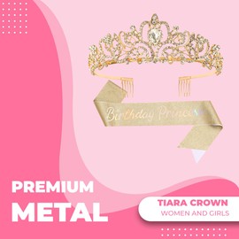 Papoopy Birthday Crown Tiara with sash for Women, Headband Hair Accessories for Birthday Party (A-Red)