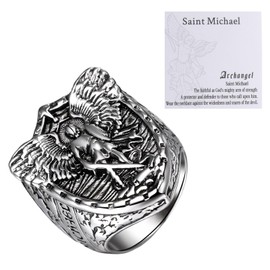 OIDEA St. Michael Ring for Men: The Great Protector Archangel Defeating Satan Figurine Shield Knight Signet Ring Protection Faith Rings Amulet Jewelry Gift Silver Size 11
