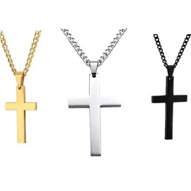 COLORFUL BLING 3 Pcs Cross Necklace Silver Black Gold Cross Pendant Necklace Fashion Simple Christian Cross Pendant Necklace Jewelry Gift-A