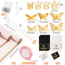 Fesorsi 20 Sheet Flower Wrapping Paper,142 Pcs Waterproof Floral Bouquet Wrapping Paper,Pink Flower Paper Wrap for Wedding Birthday Gift DIY,Florist Bouquet Paper with 3D Butterflies,Ribbons,Crowns