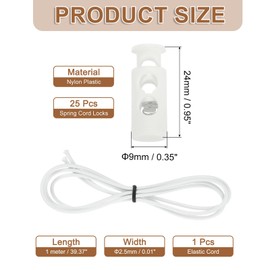 sourcing map 25 Pcs Double Hole Cord Locks with 39Inch Elastic Shock Cord, Plastic Spring Toggle Stopper Clip with Stretch String for Shoelaces Drawstrings Paracord, White