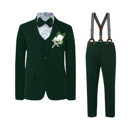 DISAUR Boys Wedding Guest Outfit Green Ring Bearer Outfit for school debates 7 Pcs Including Jacket, Pants, Shirt, Vest, Corsage, Suspender and Bow Tie for 7-8 Years