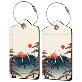 Mount Fuji 2-Pcs Premium Leather Tags with Privacy Covers,Luggage Tag Stainless Steel Loops Ideal for Suitcases, Travel Bags, Backpacks