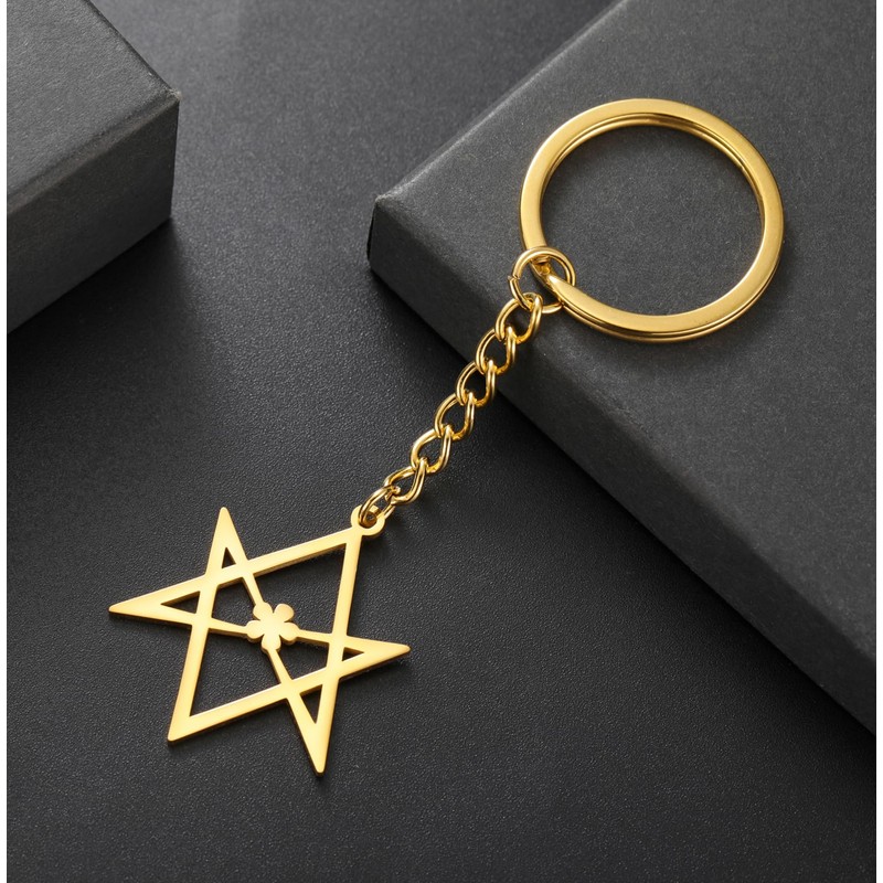 EUEAVAN Unicursal Hexagram Symbol Keyring 6-Pointed Star Key Ring Occult