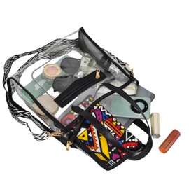 Clear Tote Bag for Women Thick PVC Clear Bag Transparent Stadium Bag with Guitar Strap (Black)