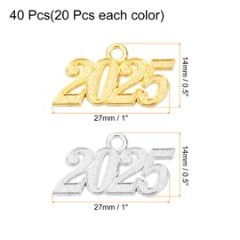 sourcing map 40pcs 14mm 2025 Graduation Year Charm 3D Metal Tassel Year Number Charm Year Pendant Mini for DIY Anniversary Jewelry Making Crafts, Silver and Gold Small