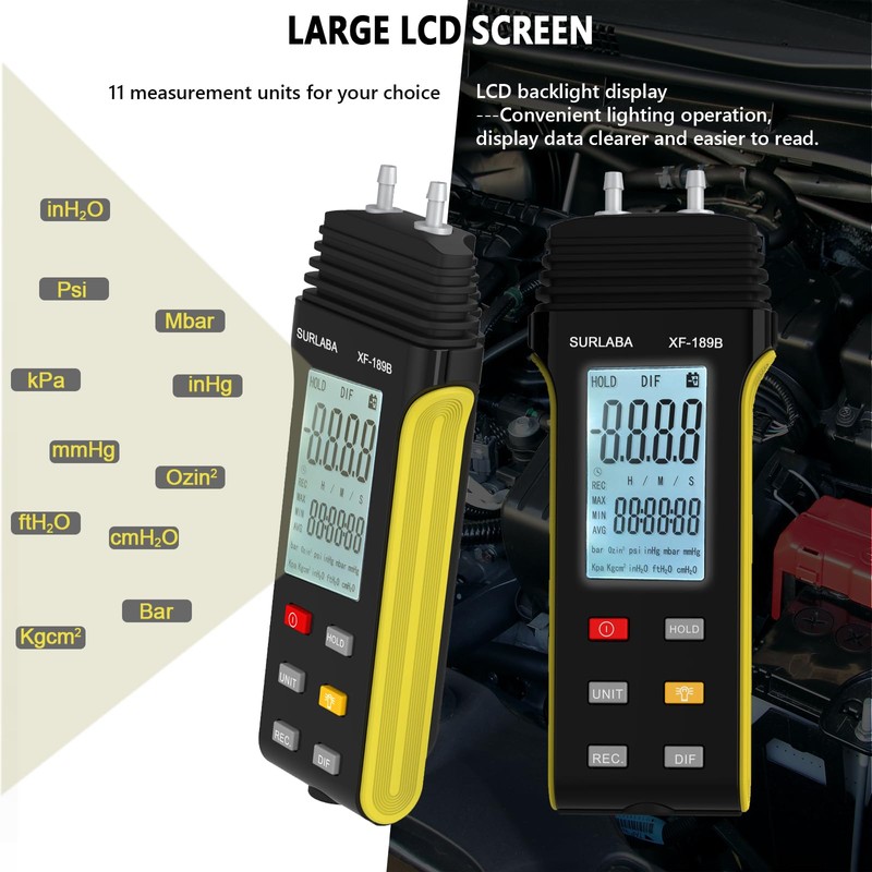 SURLABA Digital Manometer, Differential Dual Port Pressure Gauge, Professional Gas