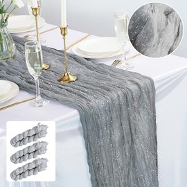 3 Piezas Camino de Mesa de Gasa Plateado Gris Primavera Estilo Bohemio Rústico 120 pulgadas 10 pies Brillante Tela de Queso para Boda Fiesta Baby Shower Cumpleaños Decoración del Hogar