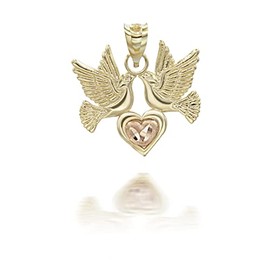 10k Two Tone Gold Love Dove Birds Heart Pendant